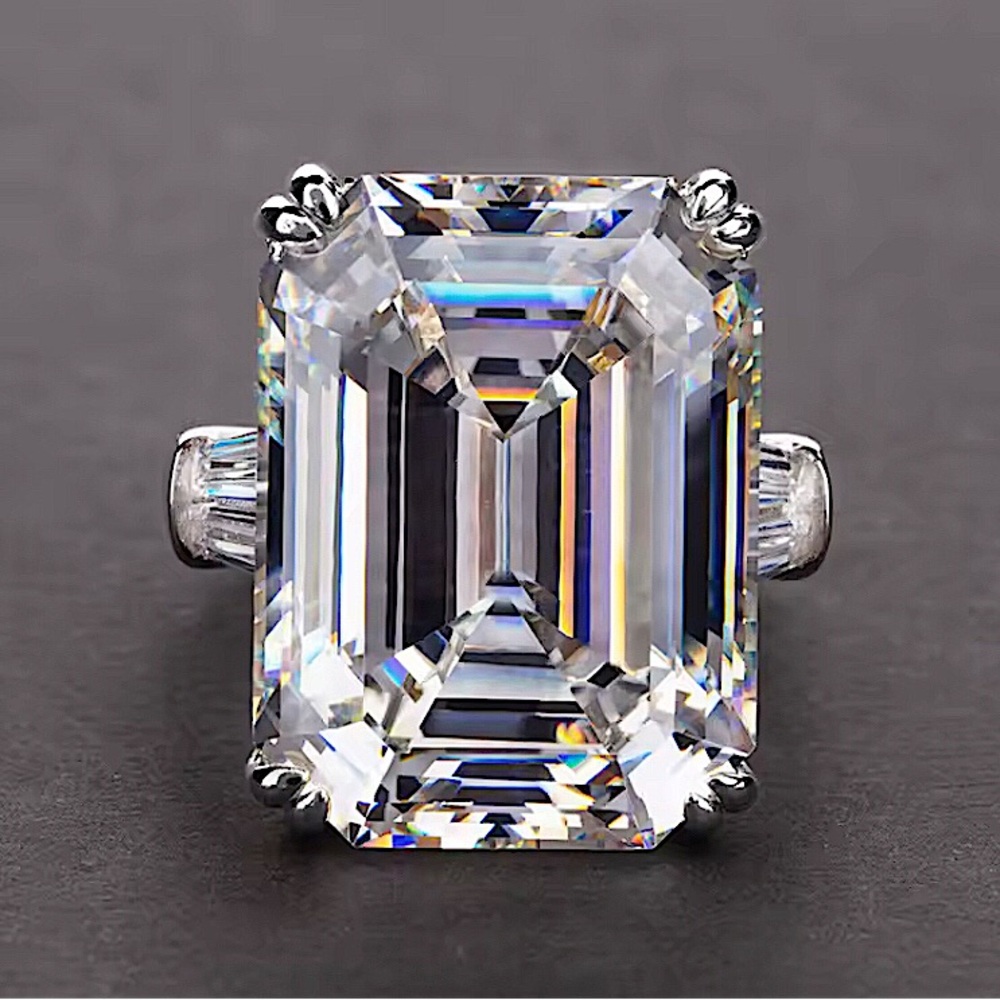 NEW SILVER CLEAR TOPAZ EMERALD CUT CRYSTAL COCKTAIL STATEMENT RING 5CT